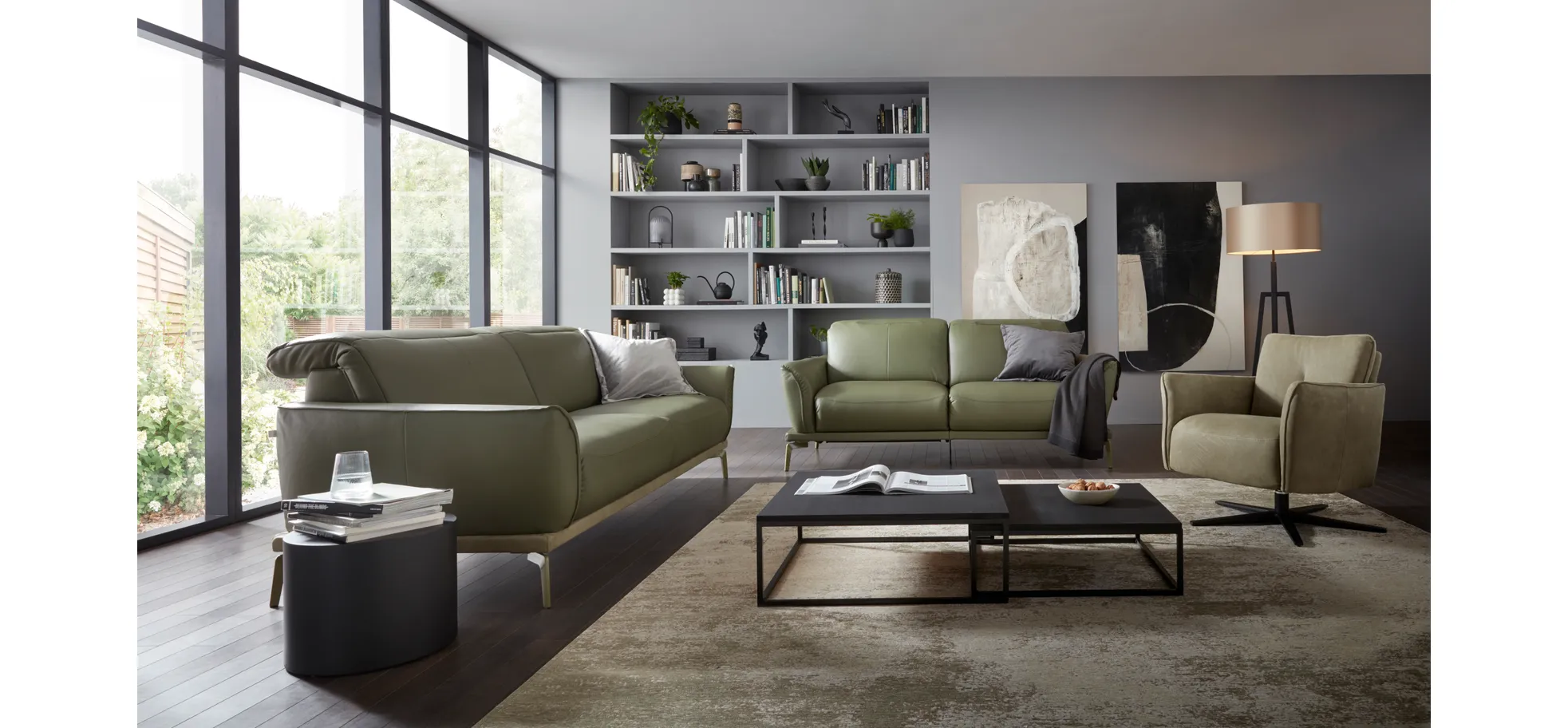 Sofa Amadena - 2-Sitzer inkl. Relaxfunktion motorisch und Kopfteil verstellbar, Leder, Olive