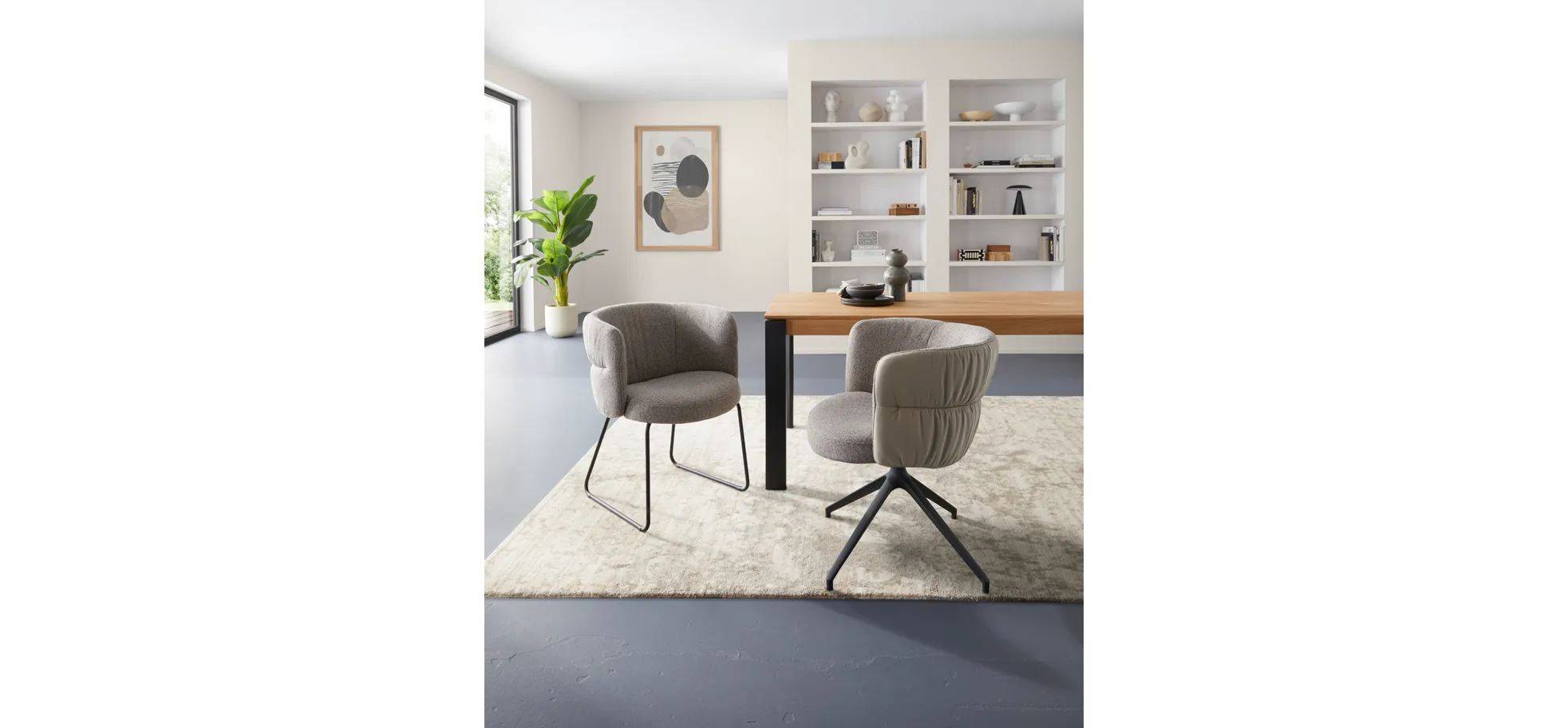 Armlehnstuhl Milana - drehbar, Leder Grau, Stoff Graubraun