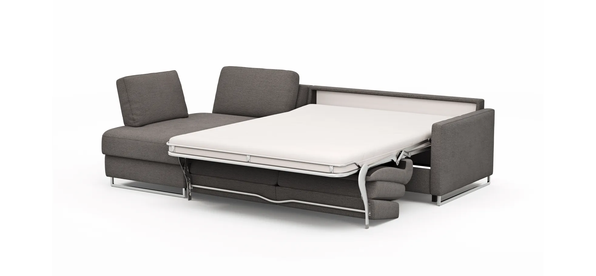 Ecksofa Nuoro - Longchair links mit 2-Sitzer inkl. Schlaffunktion und Bettkasten, Stoff, Grau