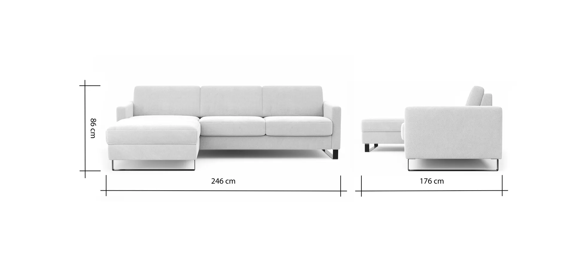 Schlafsofa Laredo - Longchair mit 2-Sitzer rechts inkl. Schlaffunktion mit Bettkasten, Stoff, Graubeige