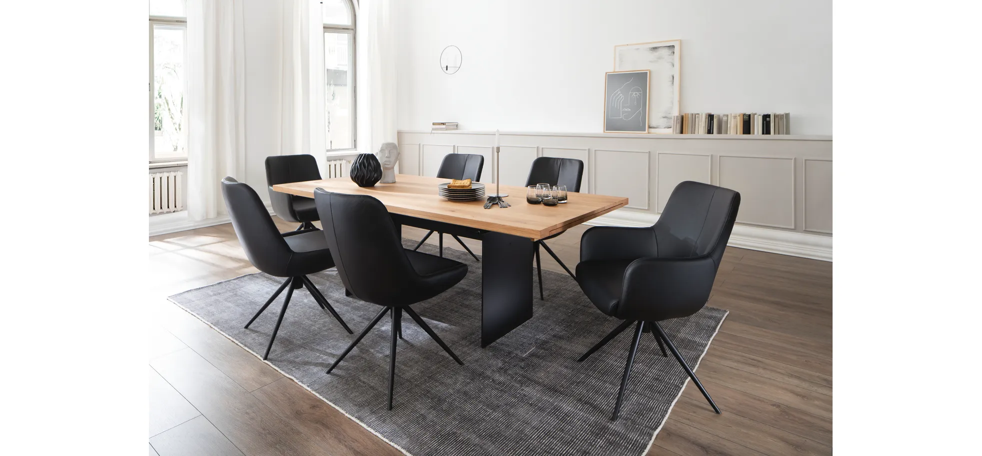 Esstisch 3110 - LB ca. 220x100 cm, ausziehbar,  Asteiche massiv, Geölt, Wange Rohstahl, Schwarz