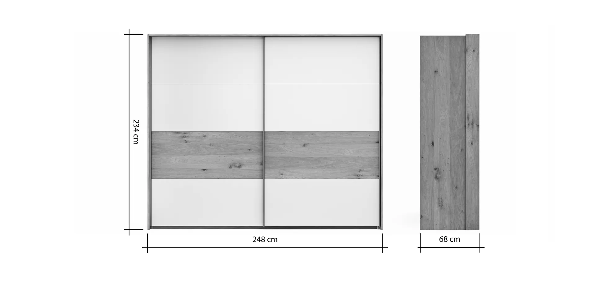 Schwebetürenschrank Viana - B ca. 248 cm, Furnier, Balkeneiche, Hellgrau