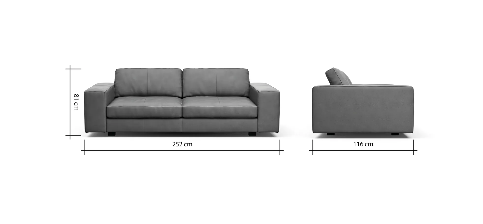 Sofa Aprino 1 - 3,5-Sitzer L, Dickleder, Schwarz, Armlehne Block breit