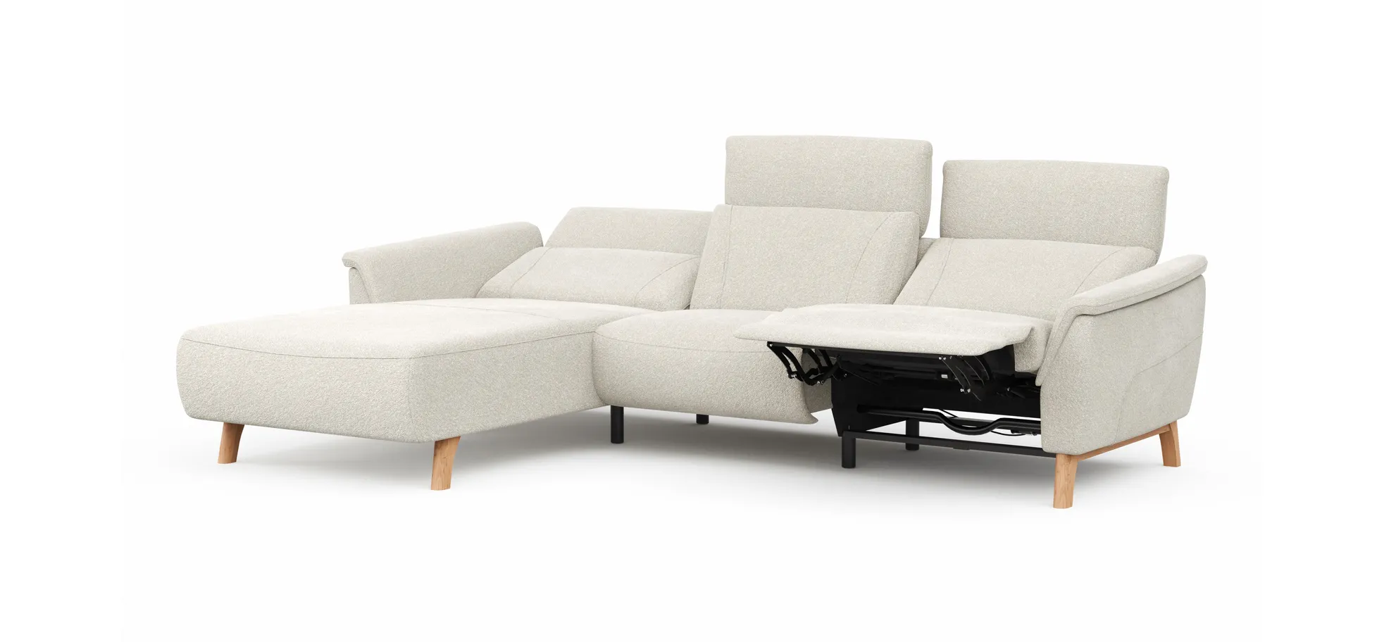 Ecksofa Nevin - Longchair links mit 2-Sitzer rechts, inkl. Relaxfunktion (motorisch) und Kopfpolsterverstellung, Stoff, Weiß