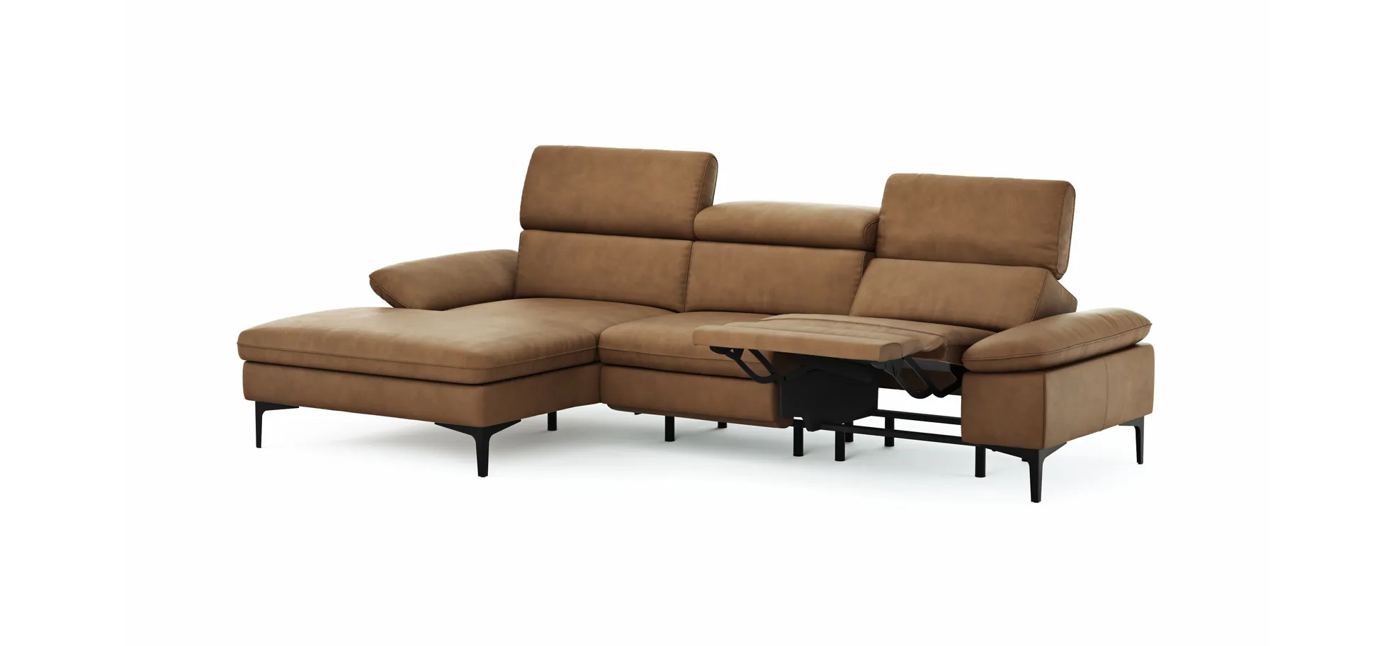 Ecksofa Felipa - Longchair links mit 2,5-Sitzer inkl. Armlehne verstellbar und Rückenlehne/Sitztiefe verstellbar (motorisch), Leder, Cognac