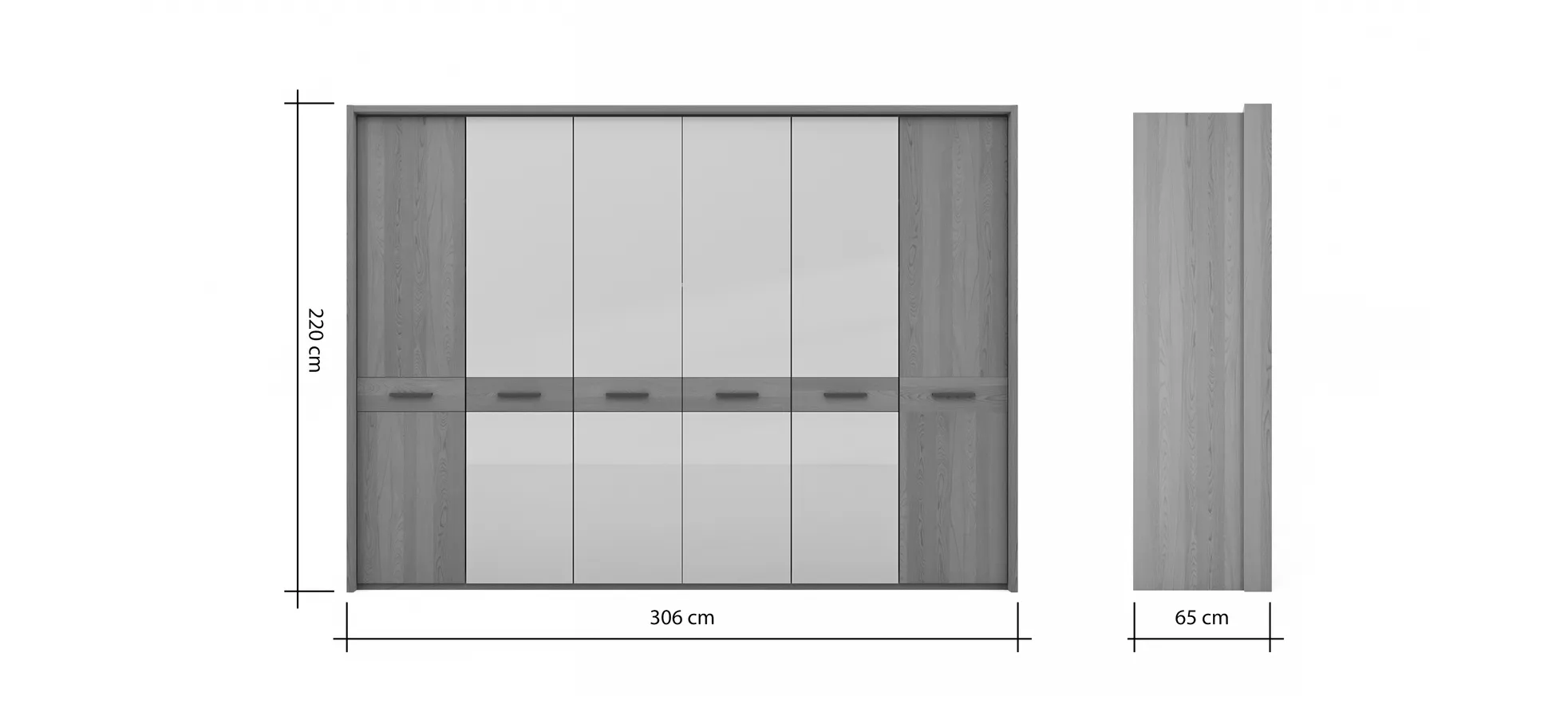 Drehtürenschrank Lenoso - B. ca. 306 cm, Eiche massiv, Glas, Champagner