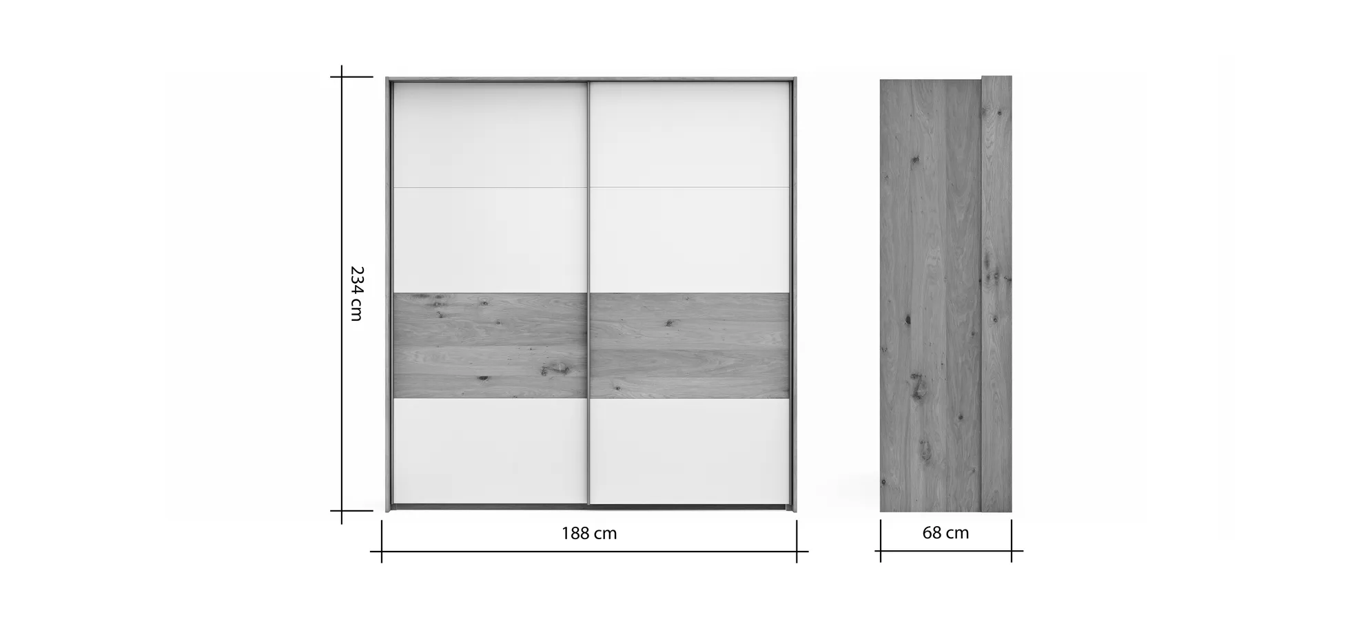 Schwebetürenschrank Viana - B ca. 188 cm, Furnier, Balkeneiche, Weiß