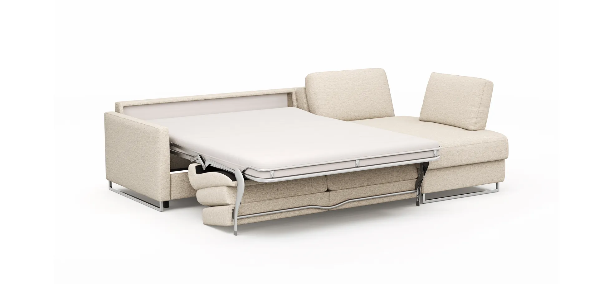 Ecksofa Nuoro - 2-Sitzer mit Longchair rechts inkl. Schlaffunktion und Bettkasten, Stoff, Beige