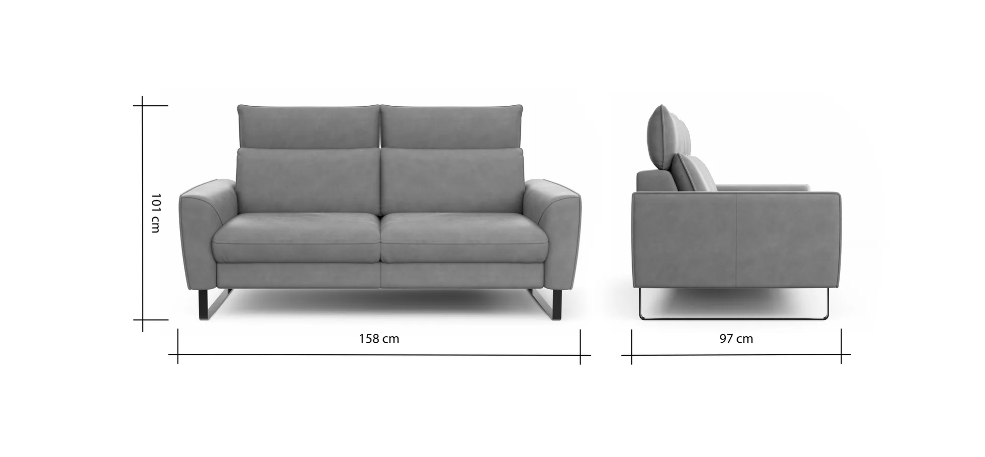 Sofa Avela - 2-Sitzer inkl. Kopfteil verstellbar, Leder, Steingrau