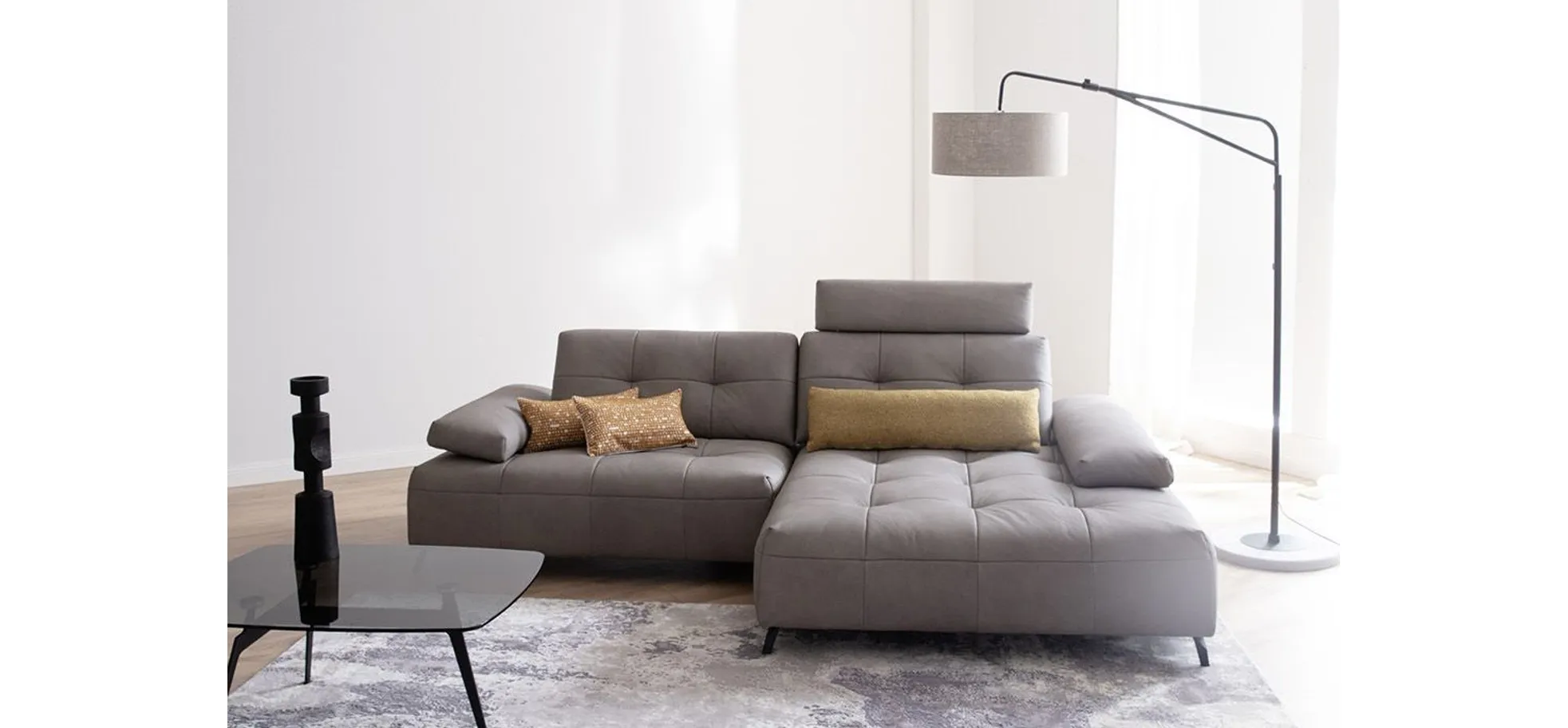 Ecksofa Comodo - 1-Sitzer, Longchair Rechts, Stoff, Hellgrau