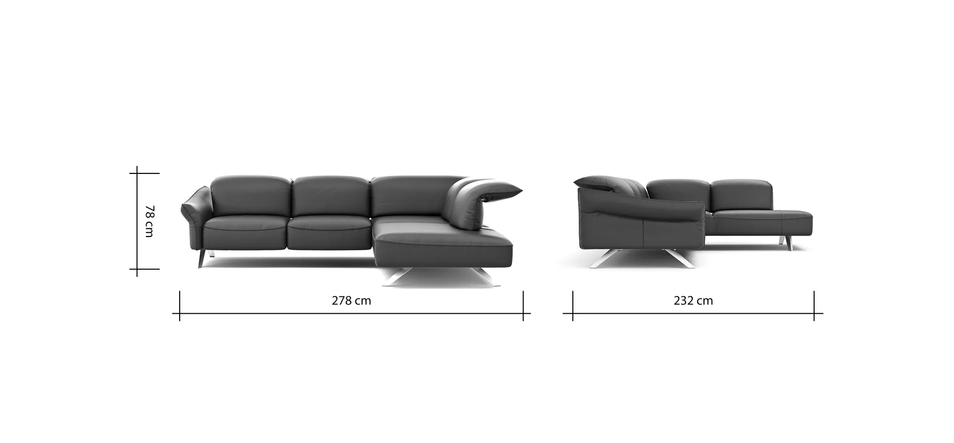 Ecksofa Bormio - 2,5-Sitzer und Ecke rechts, Kopfteilverstellung, Leder, Schwarz