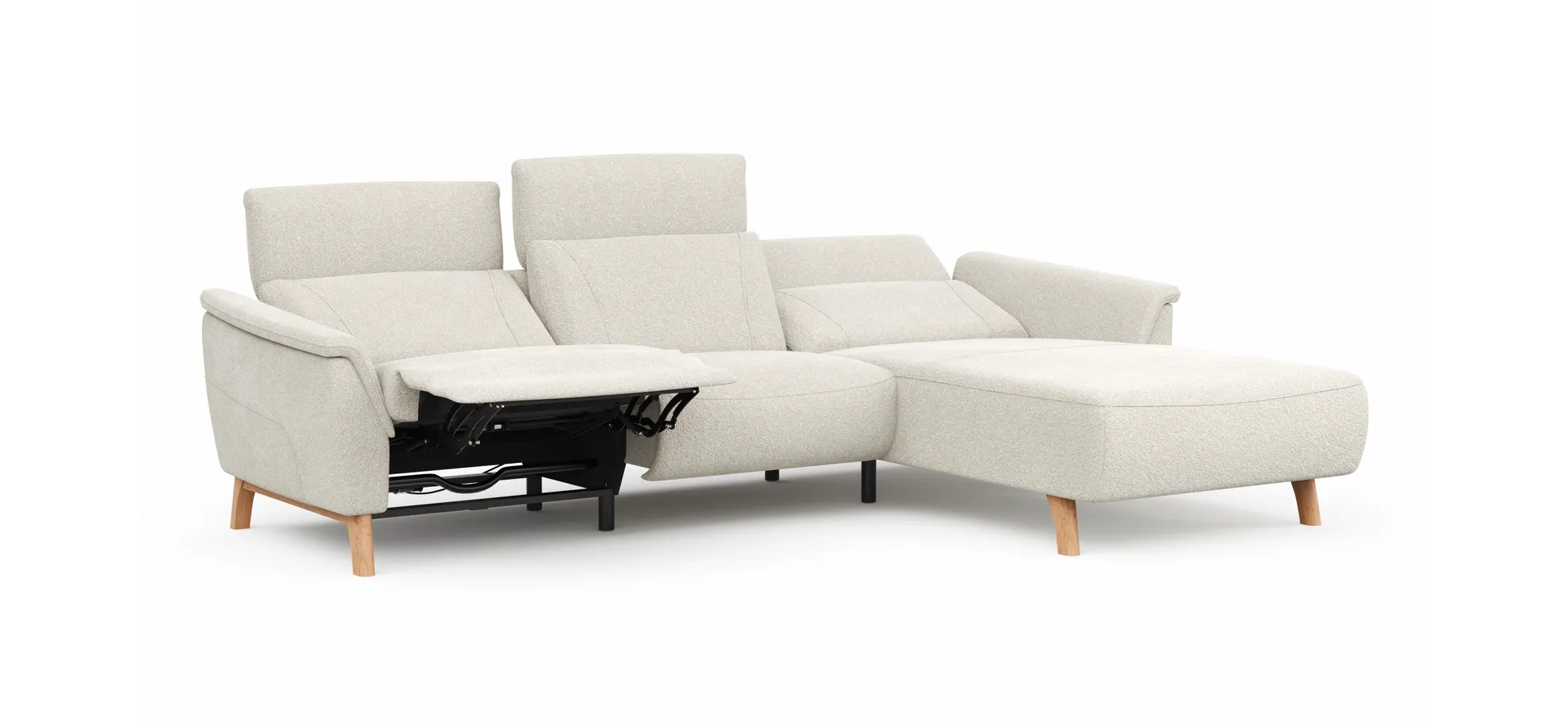 Ecksofa Nevin - 2-Sitzer mit Longchair rechts, inkl. Relaxfunktion (motorisch) und Kopfpolsterverstellung, Stoff, Weiß
