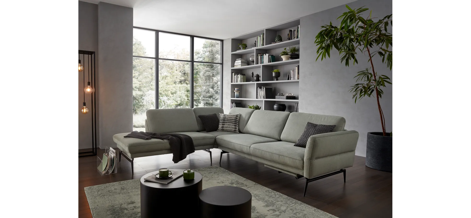 Ecksofa Estrela - Ecke links mit 2,5-Sitzer inkl. Rücken-/Armlehne verstellbar, Stoff, Schlammgrün