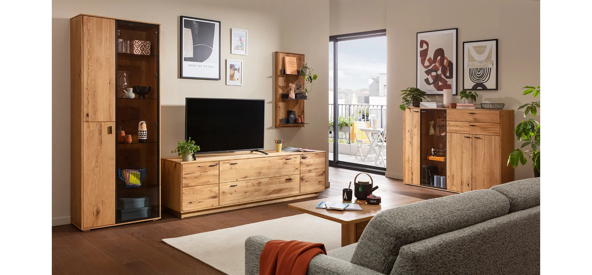 Wohnwand Fibra - Asteiche teilmassiv, natur, geölt