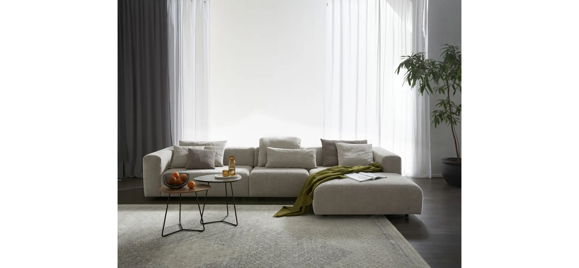 Ecksofa Caruso - 3-Sitzer, Longchair rechts, inklusive Kissen, Stoff, Graubeige 9152359