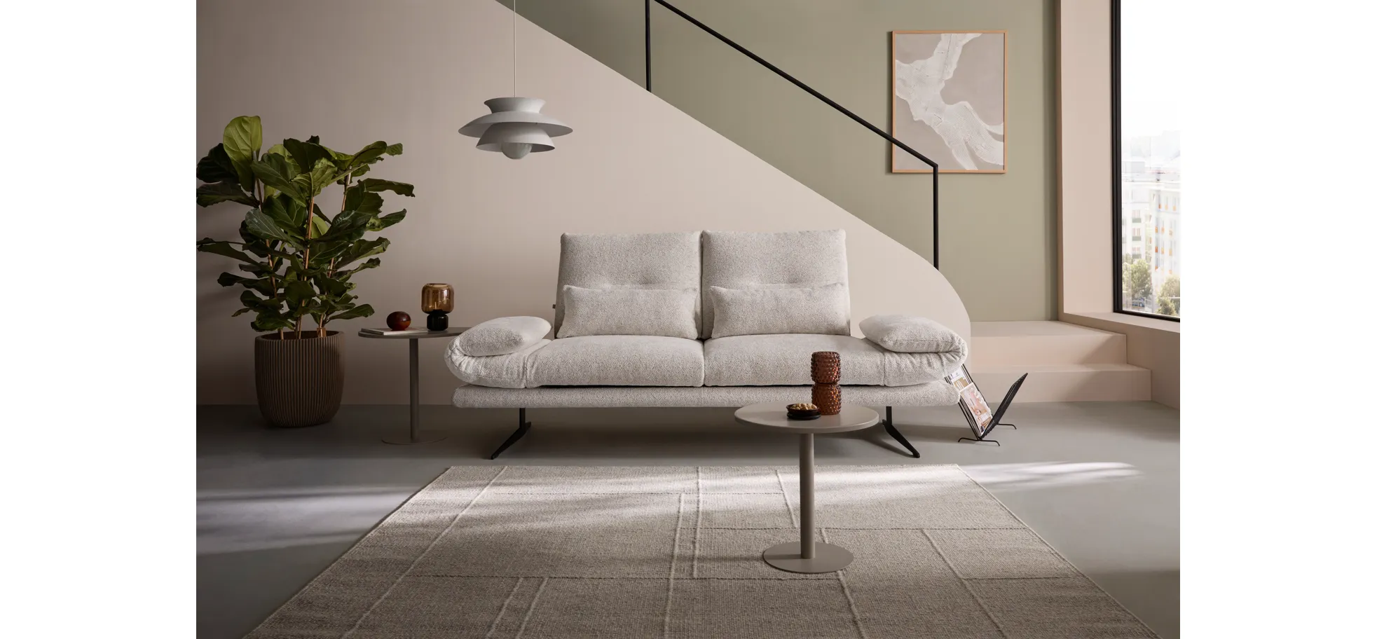 Sofa Lucero 2.0 - 2-Sitzer inkl. Drehsitz, Rollout-Armlehne und Sitztiefe verstellbar, Stoff, Offwhite