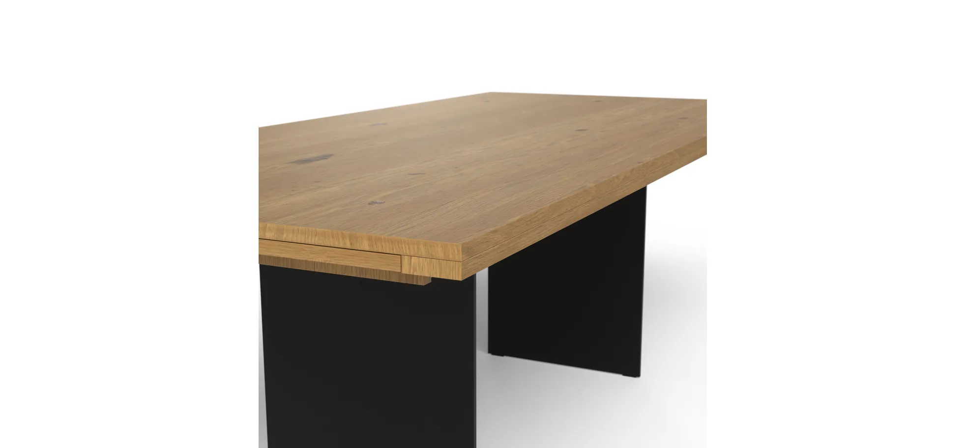 Esstisch 3100 - LB ca. 220x100 cm, ausziehbar,  Asteiche massiv, Geölt, Wange Rohstahl, Schwarz