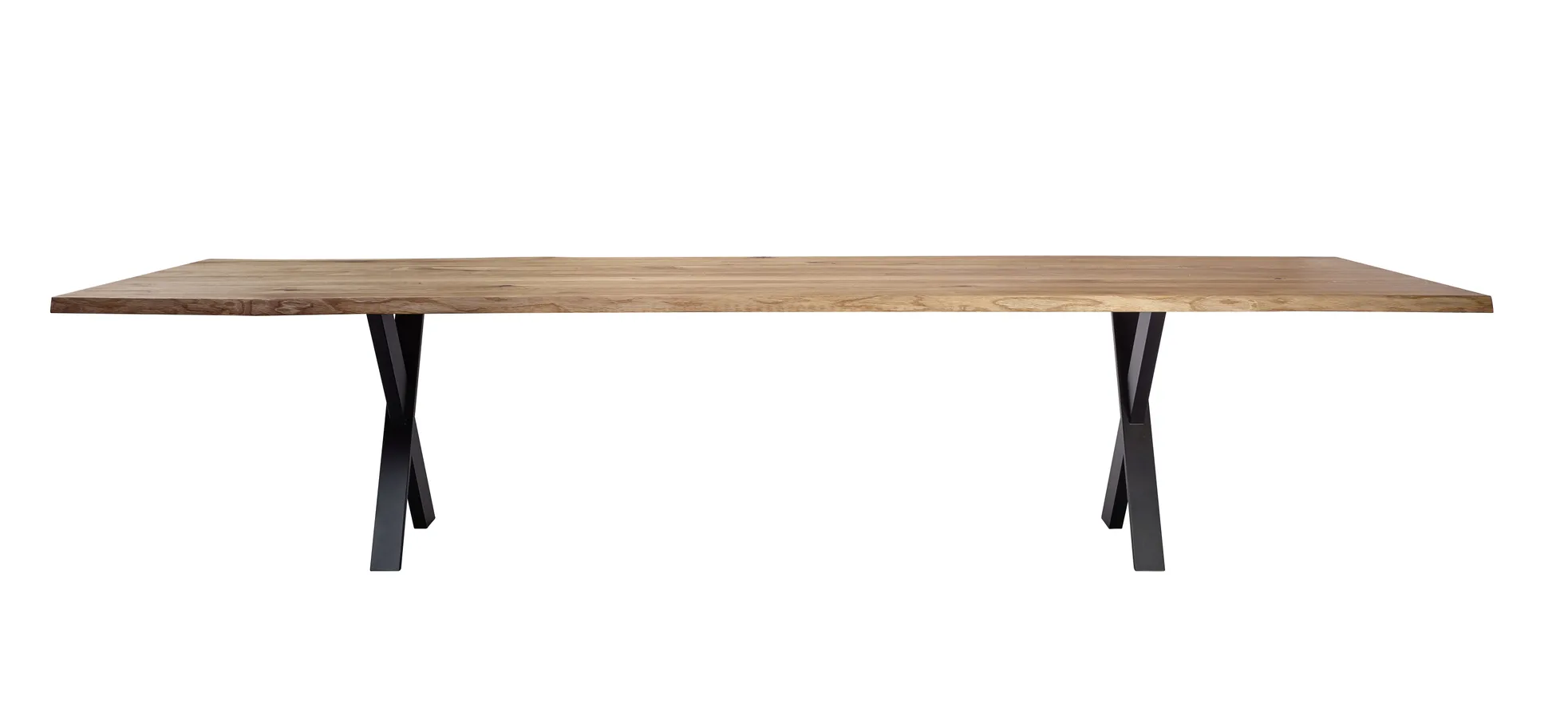 Esstisch 3100 - LB ca. 350x100 cm, Asteiche massiv, Waldkante, Kreuzfuß, Schwarz