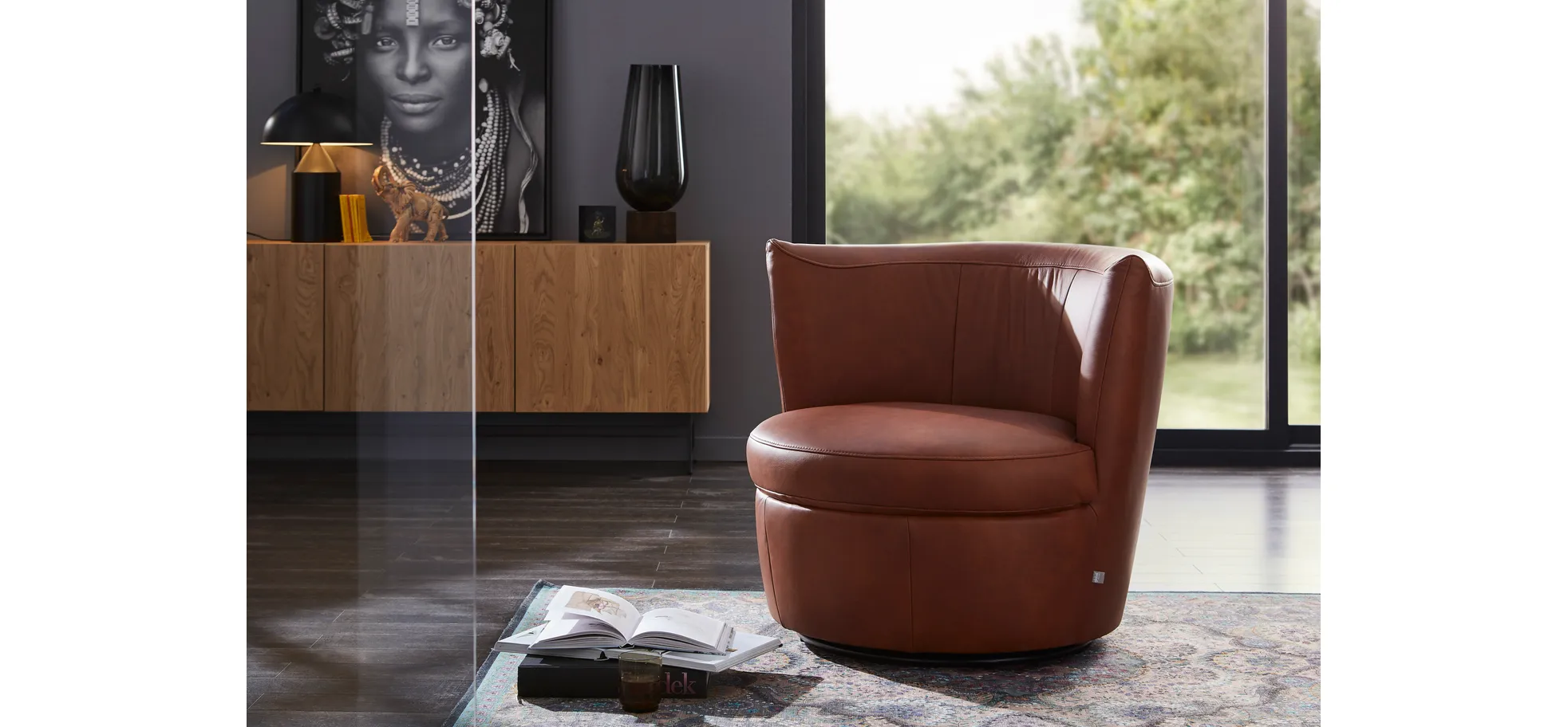 Sessel Cativa - drehbar, Leder, Cognac