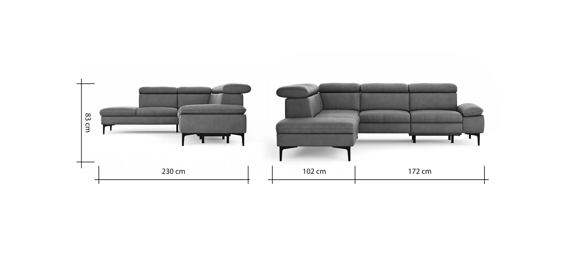 Ecksofa Felipa - Ecke links mit 2,5-Sitzer inkl. Armlehne verstellbar und Rückenlehne/Sitztiefe verstellbar (motorisch), Leder, Grau