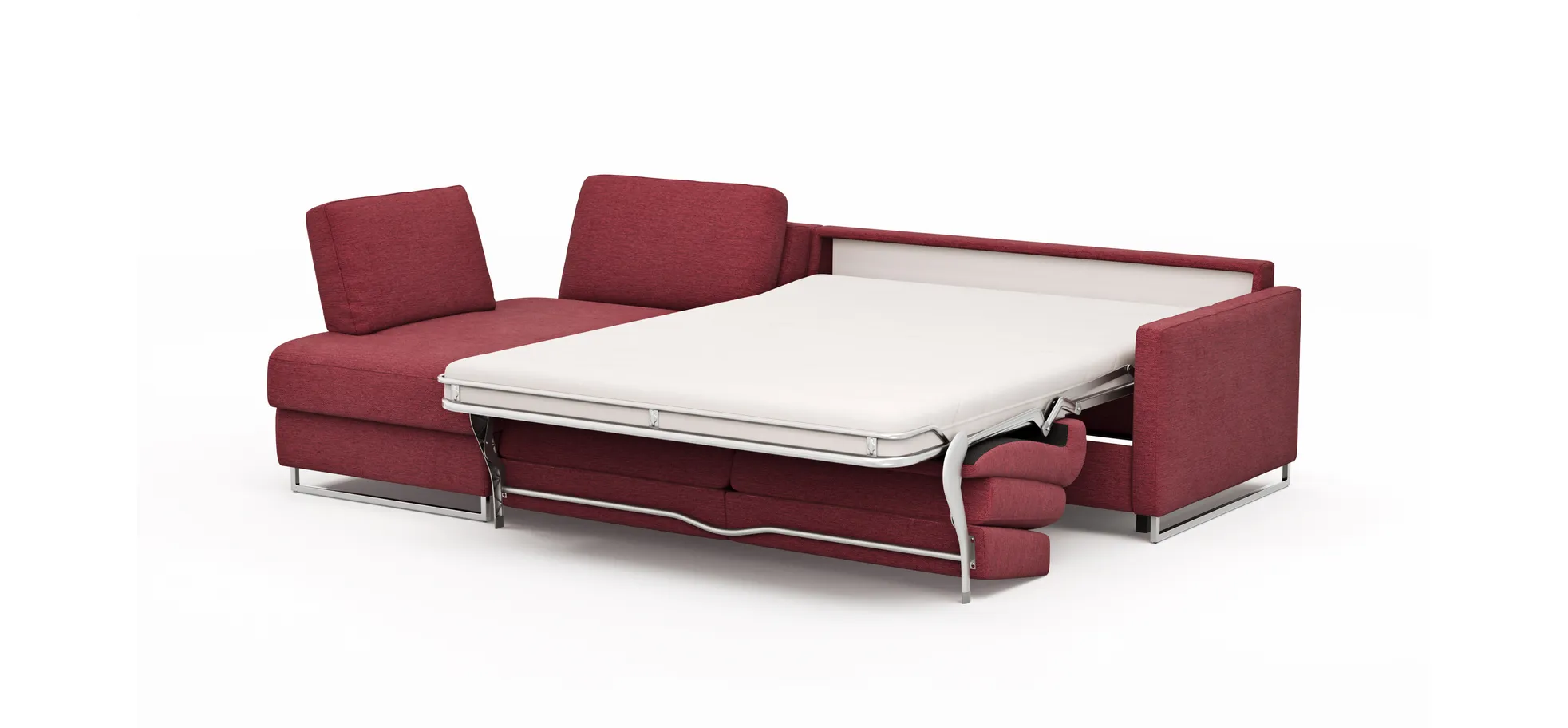 Ecksofa Nuoro - Longchair links mit 2-Sitzer inkl. Schlaffunktion und Bettkasten, Stoff, Rubin