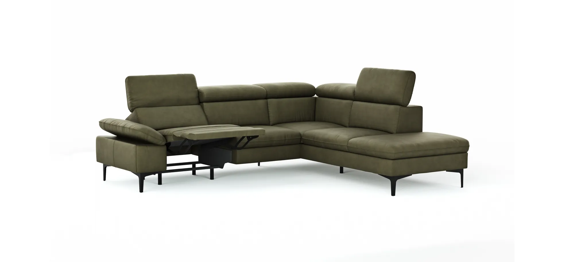 Ecksofa Felipa - 2,5-Sitzer mit Ecke rechts inkl. Armlehne verstellbar und Rückenlehne/Sitztiefe verstellbar (motorisch), Leder, Olive