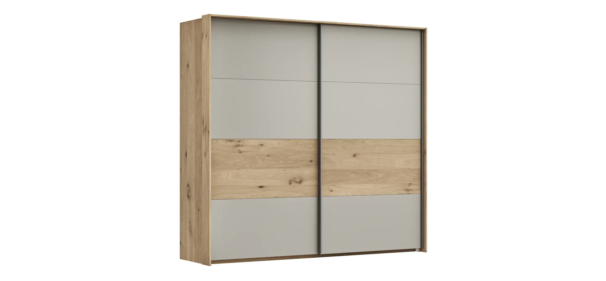 Schwebetürenschrank Viana - B ca. 218 cm, Furnier, Balkeneiche, Hellgrau 106163