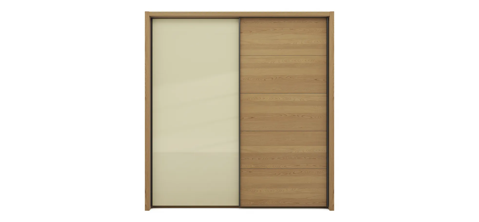 Schwebetürenschrank Lenoso - B. ca. 210 cm, Eiche massiv, Glas Champagner