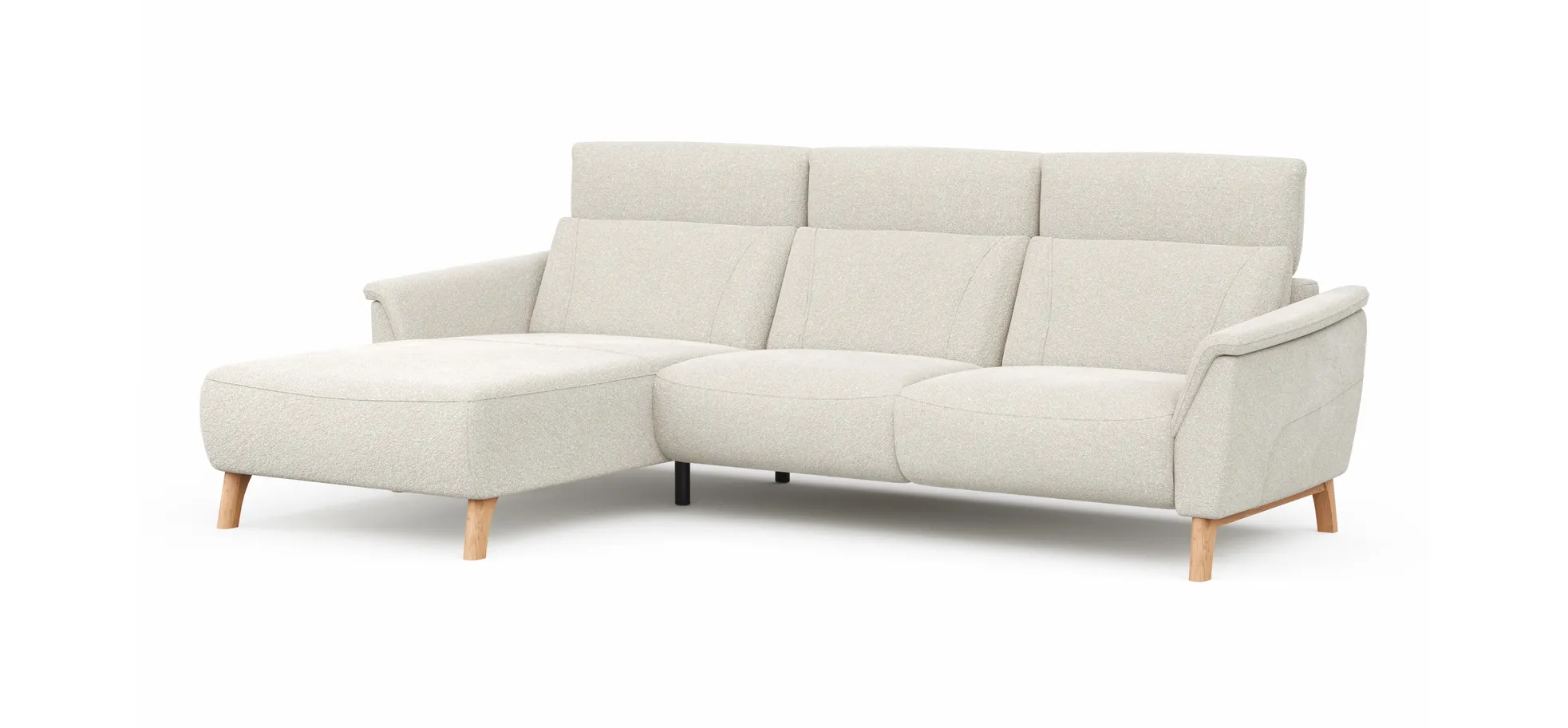 Ecksofa Nevin - Longchair links mit 2-Sitzer rechts, inkl. Kopfpolsterverstellung, Stoff, Weiß