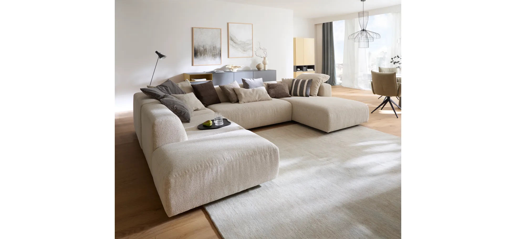 Ecksofa Caruso - Ecke links, 2-Sitzer, Longchair rechts, Stoff, Ecru