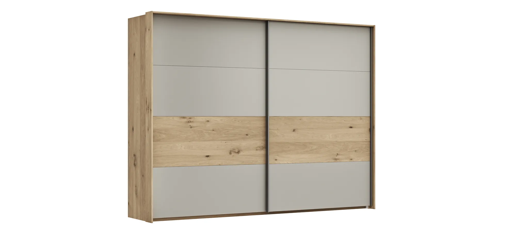 Schwebetürenschrank Viana - B ca. 278 cm, Furnier, Balkeneiche, Hellgrau 1061282