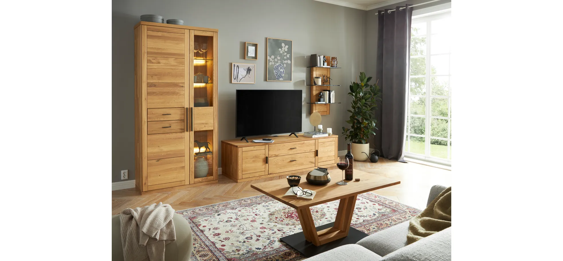 Wohnwand Faro 6.0 - inkl. Beleuchtung, Wildeiche massiv, geölt