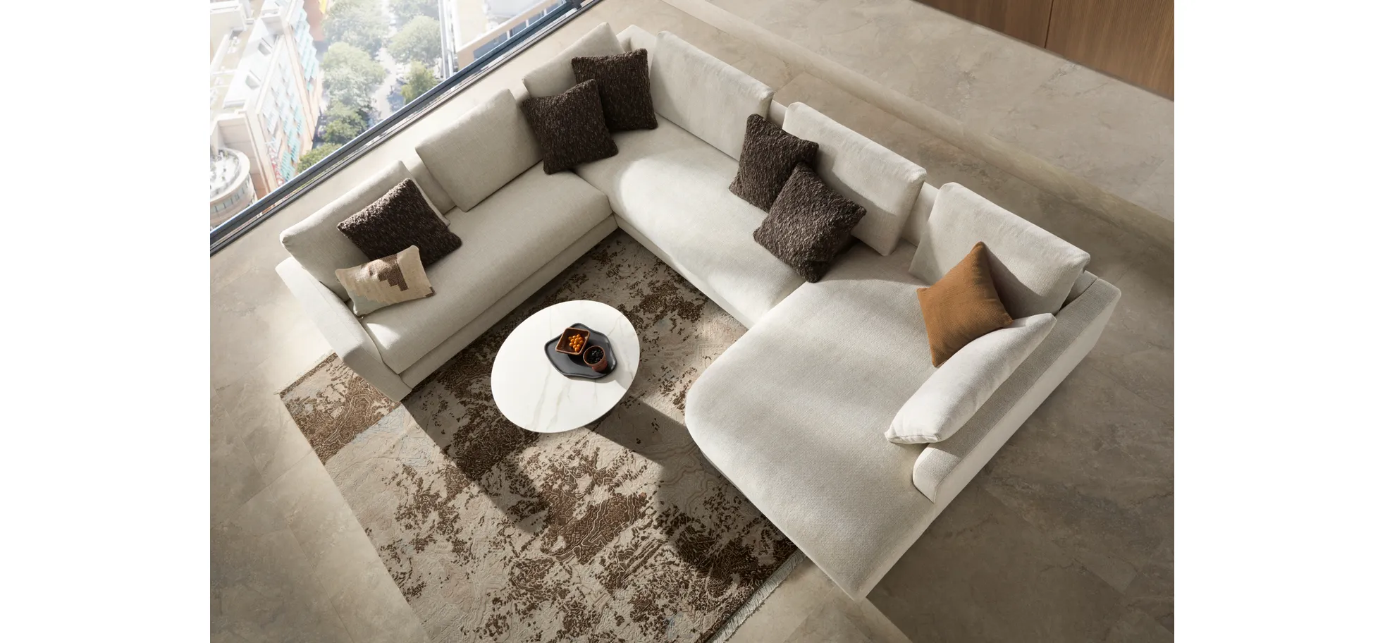 Ecksofa Cuneo Select - Ecke links, 2-Sitzer, Longchair rechts, Stoff, Offwhite