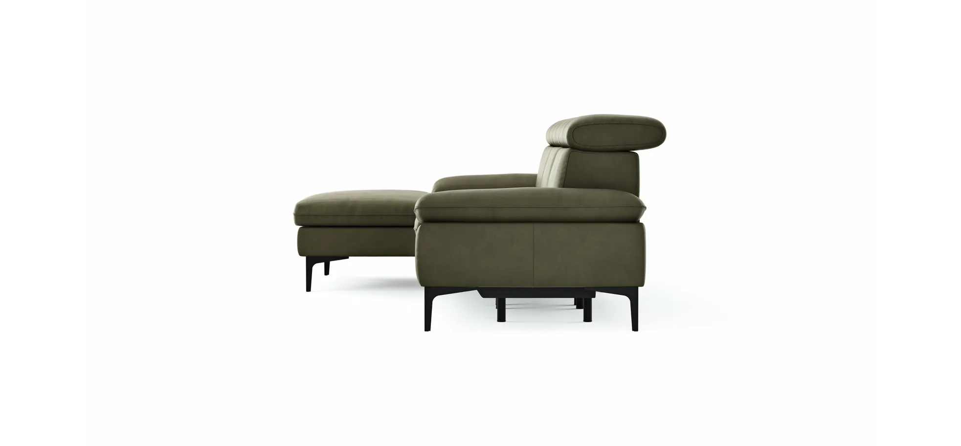 Ecksofa Felipa - Longchair links mit 2,5-Sitzer inkl. Armlehne verstellbar und Rückenlehne/Sitztiefe verstellbar (motorisch), Leder, Olive