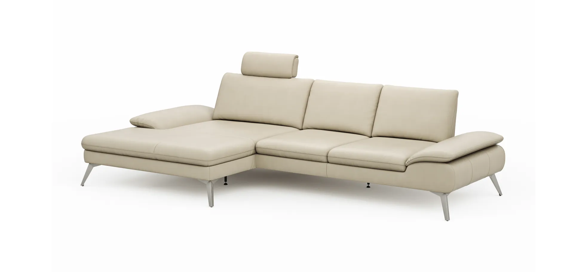 Ecksofa Collina - Longchair links, 2,5-Sitzer, inklusive Kopfstütze, Leder, Ecru