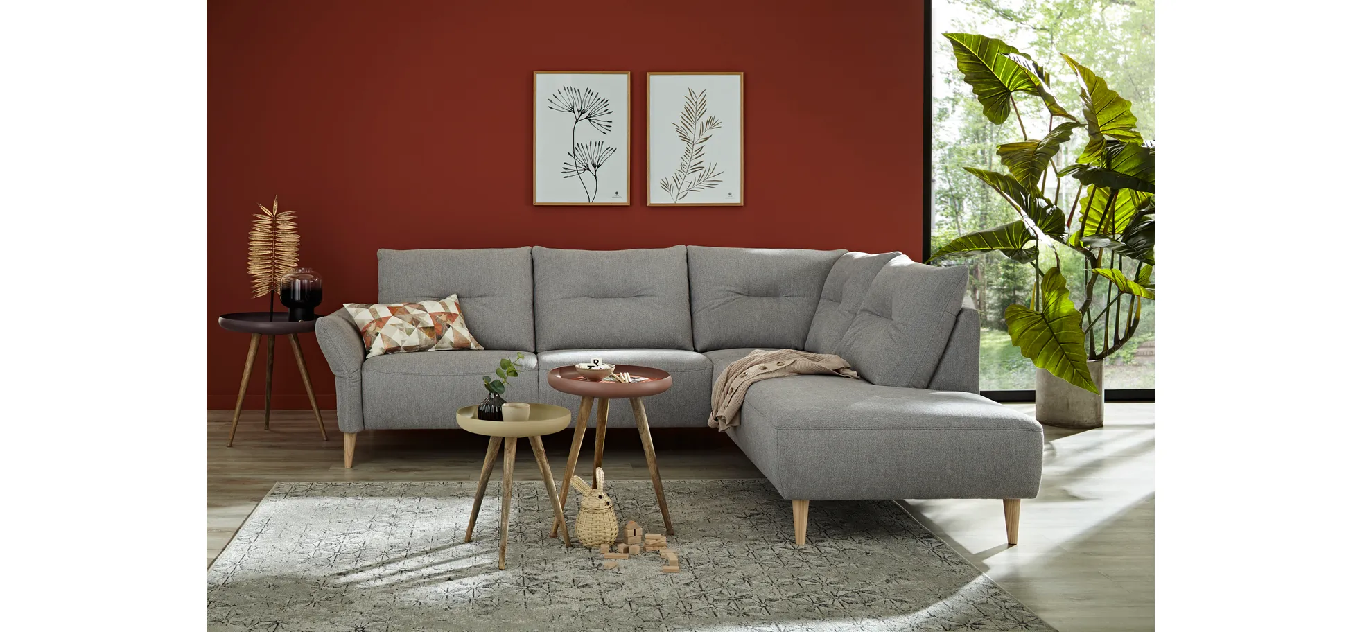 Ecksofa Bahia - 2-Sitzer mit Ecke rechts inkl. Armlehne verstellbar, Stoff, Hellgrau 108480
