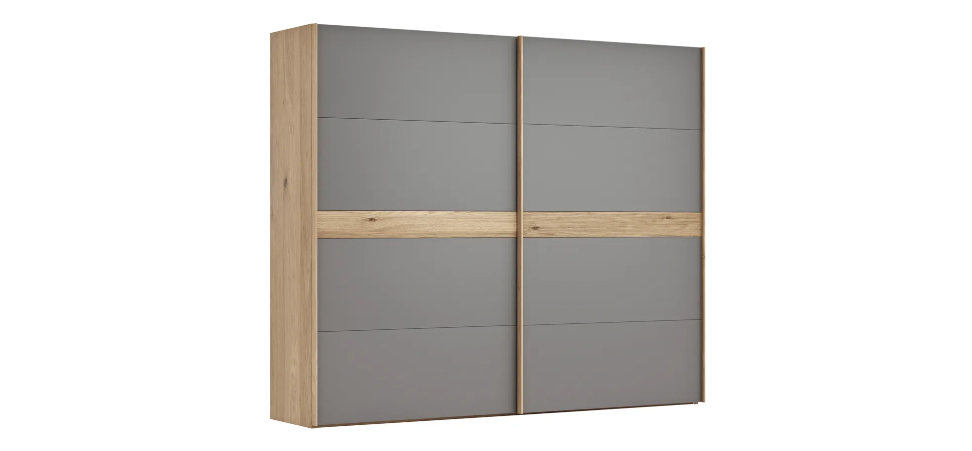 Schwebetürenschrank Viana - B ca. 271 cm, Lack, Steingrau, Riffholz, Balkeneiche 120140