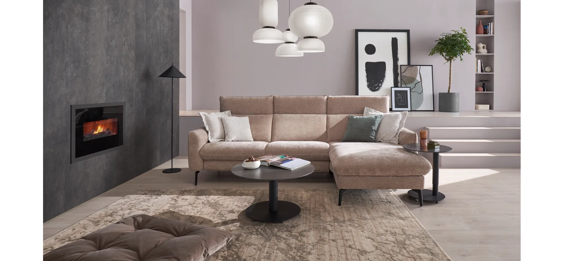 Ecksofa Avela - 2,5-Sitzer mit Longchair rechts inkl. Kopfteile verstellbar und Longchair verstellbar (motorisch), Stoff, Bisquit