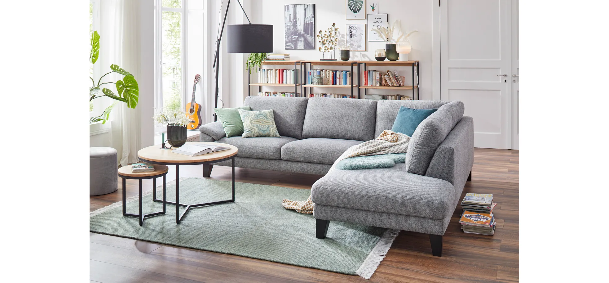 Ecksofa Oviedo - 2,5-Sitzer mit Ecke rechts, Stoff, Grau