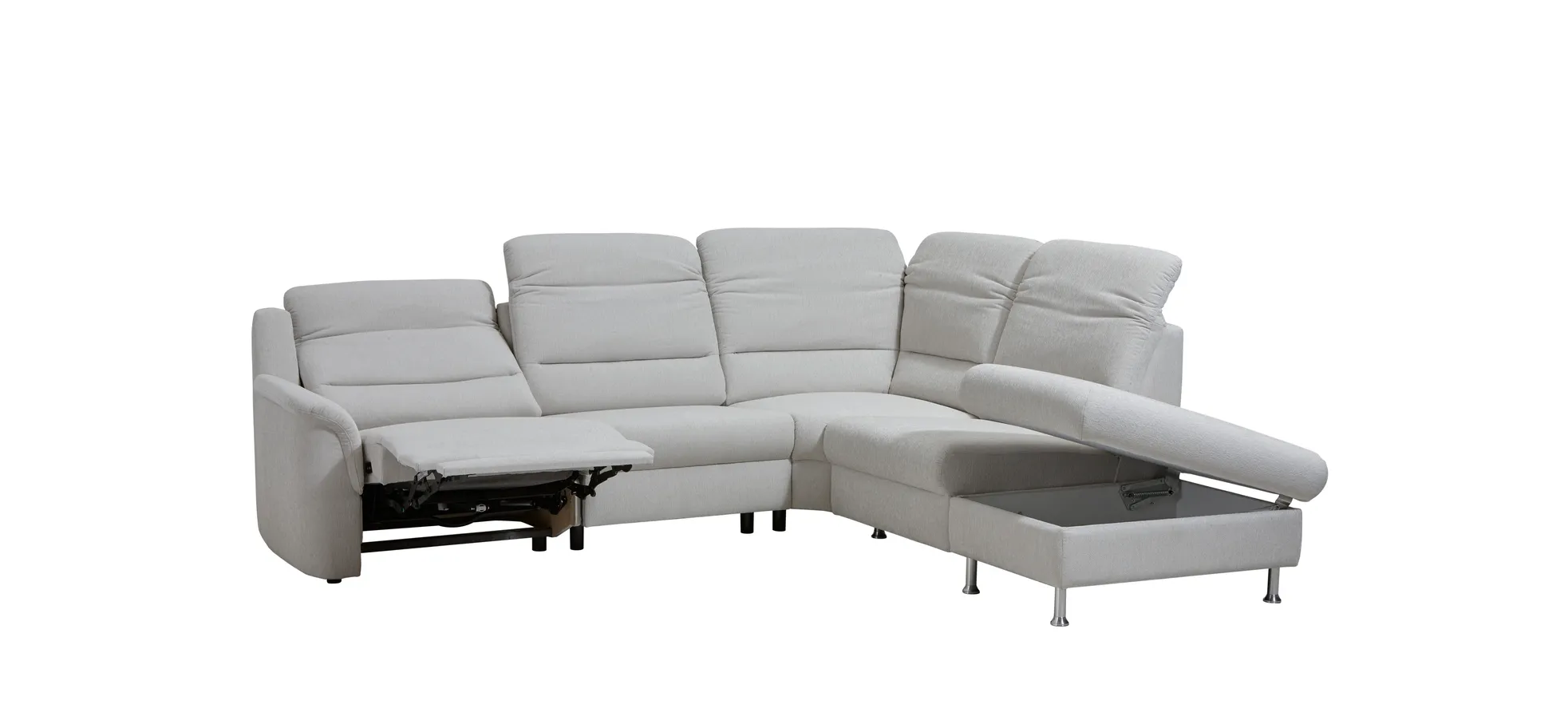 Ecksofa Cornella Plus - 2-Sitzer links mit Ecke und Abschlussteil rechts inkl. Relaxfunktion (motorisch), Kopfteilverstellung und Stauraum, Stoff, Creme