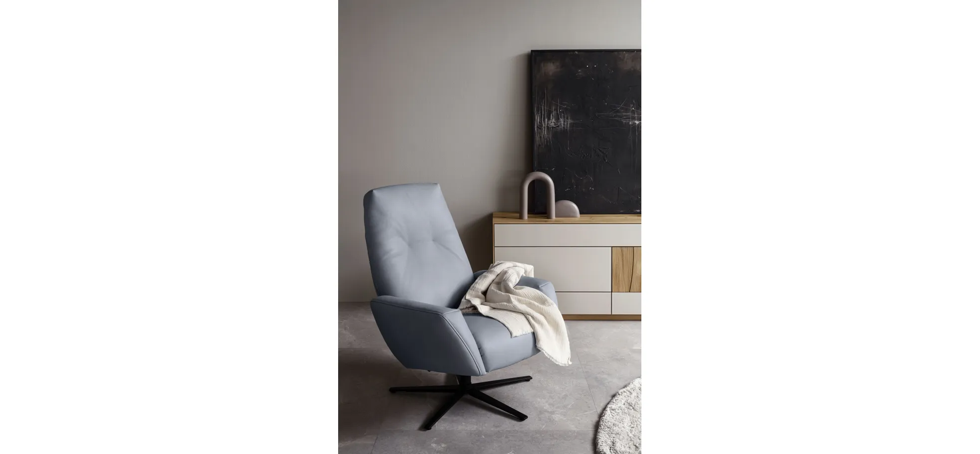 Einzelsessel Terni - Relaxfunktion, Sternfuss, Leder, Hellblau