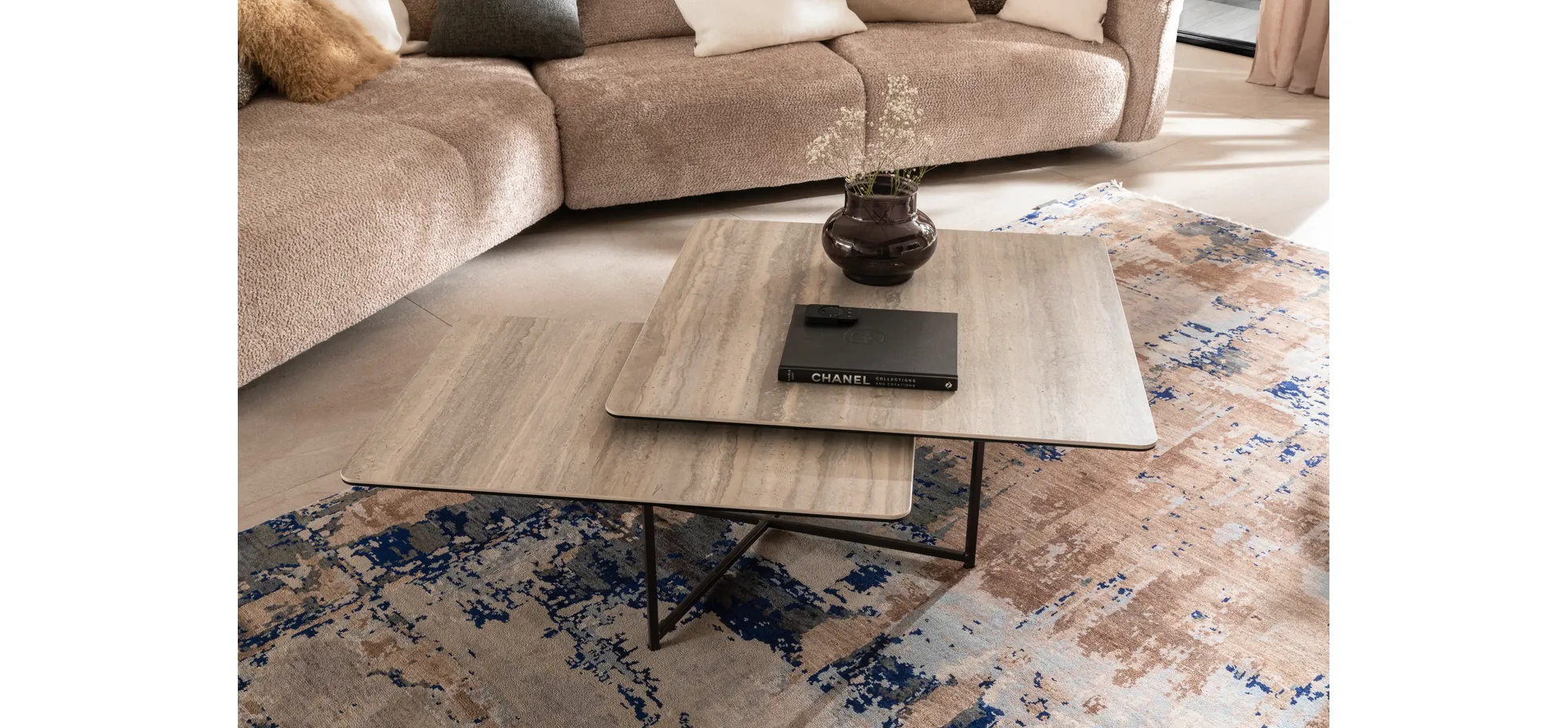 Couchtisch Cena - LB ca. 132x108 cm, Platten drehbar, Keramik, Travertin 