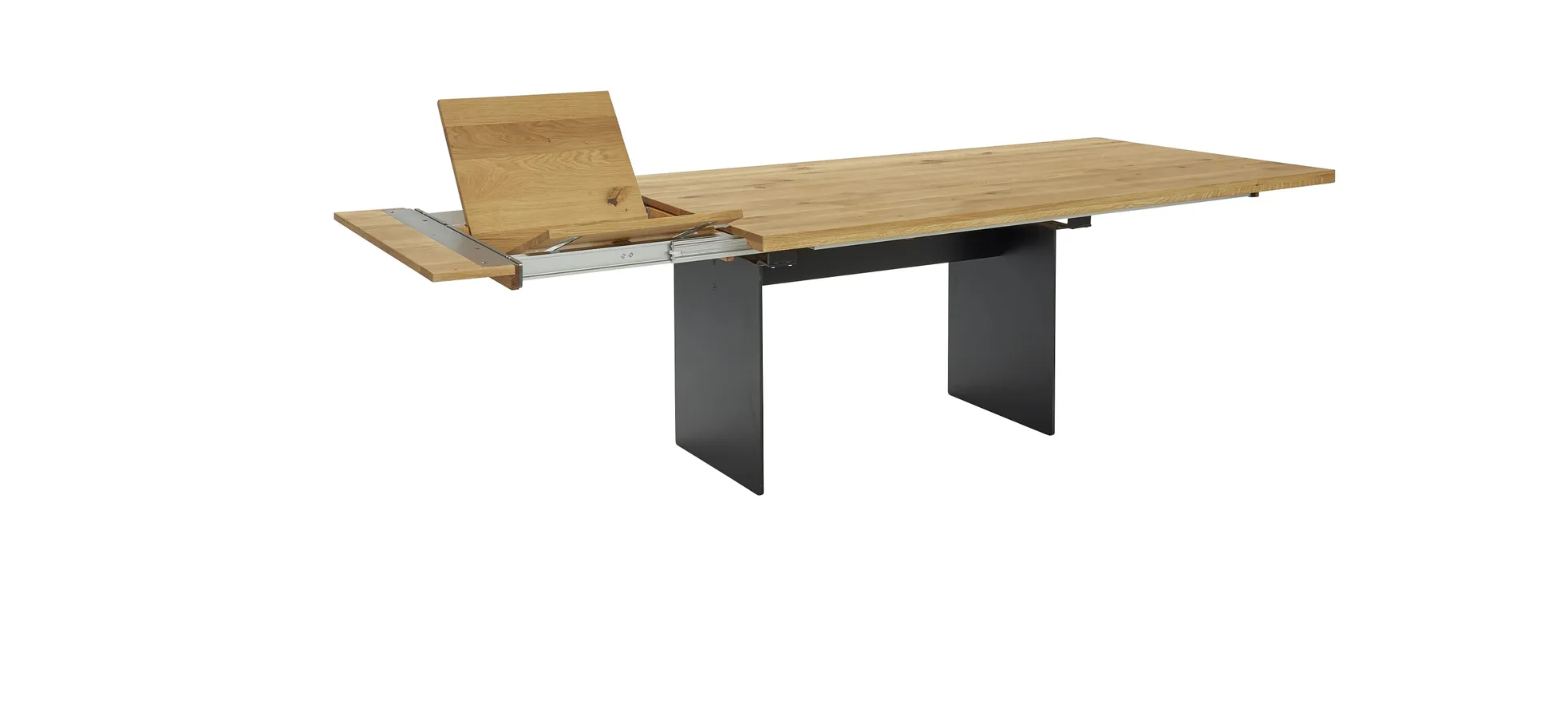 Esstisch 3100 - LB ca. 220x100 cm, ausziehbar,  Asteiche massiv, Geölt, Wange Rohstahl, Schwarz