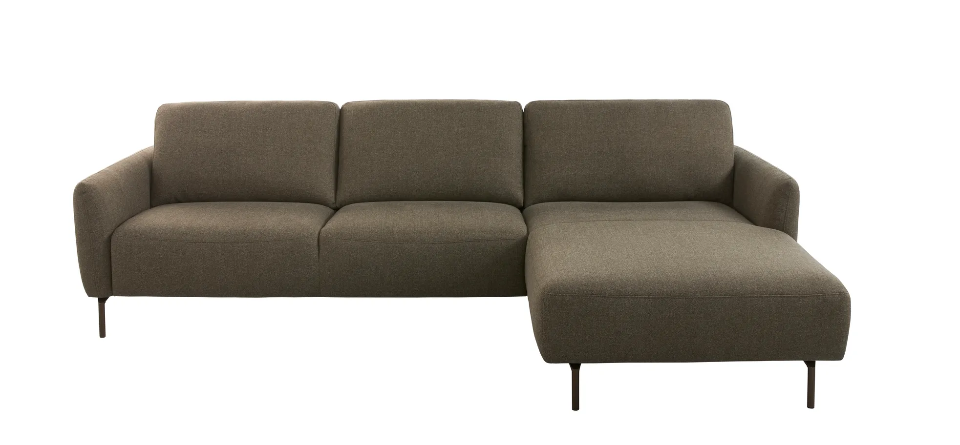 Ecksofa Leona - 3-Sitzer mit Longchair rechts inkl. Sitzvorzug motorisch, Stoff, Braungrün 3028045