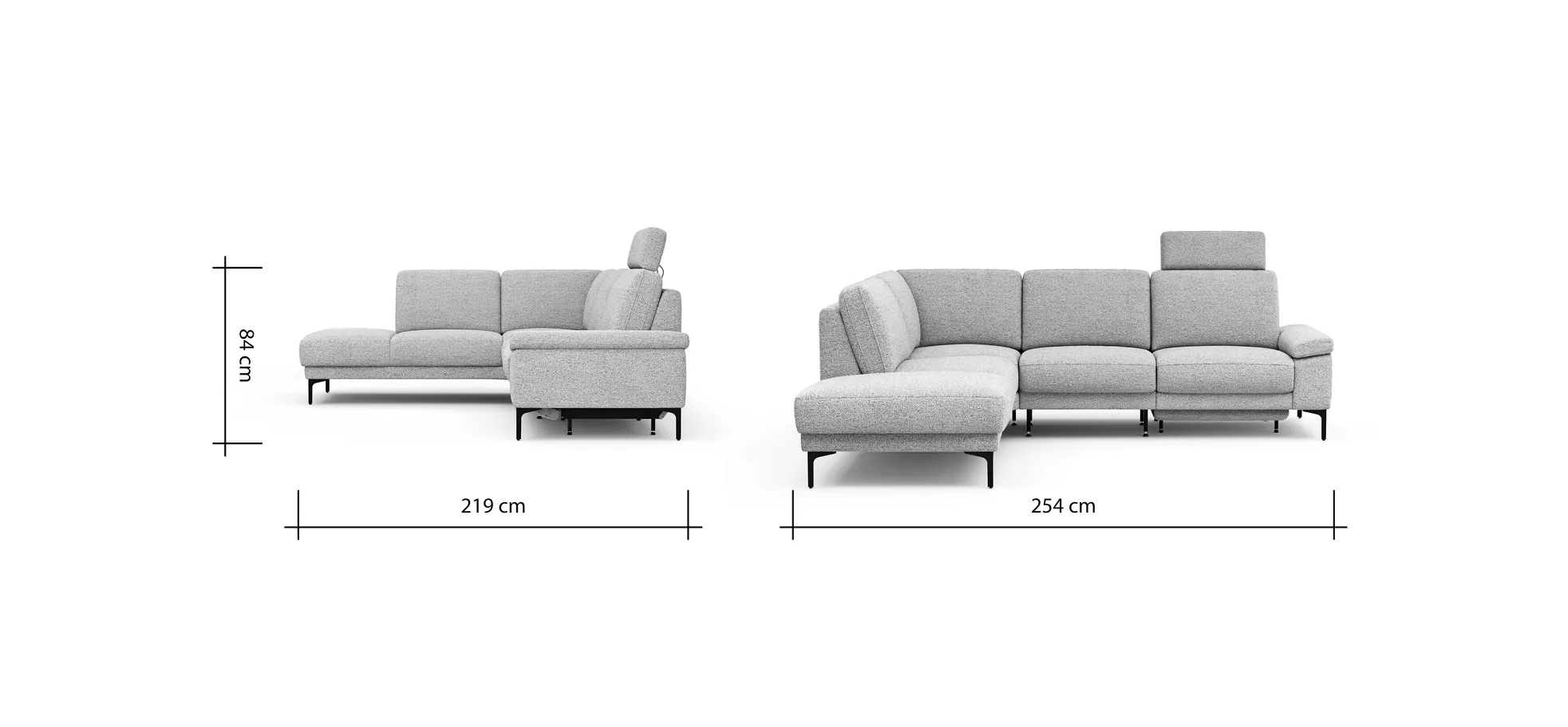 Ecksofa Matero - Ecke mit 2-Sitzer rechts inkl. Relaxfunktion motorisch und Sitzvorzug, Stoff, Hellgrau
