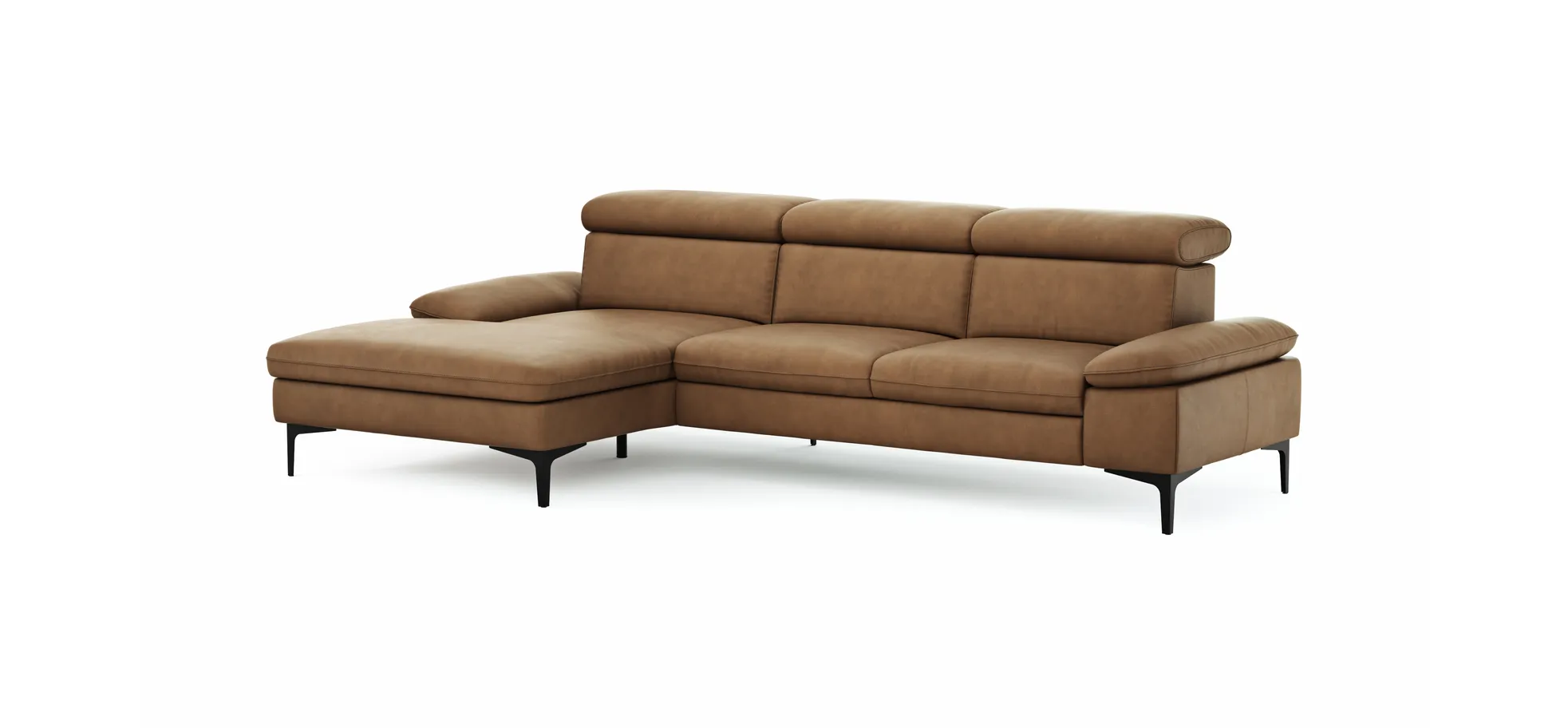 Ecksofa Felipa - Longchair links mit 2,5-Sitzer inkl. Kopfteil verstellbar, Leder, Cognac