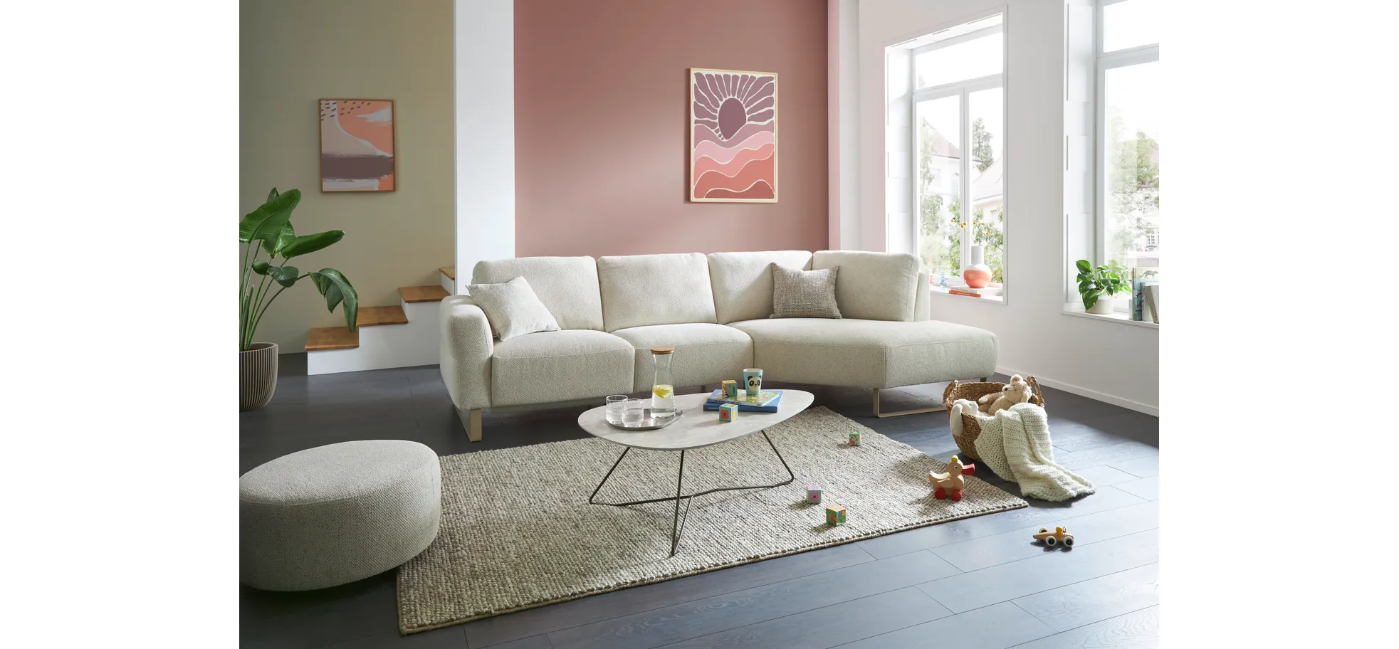 Ecksofa Leona - 2,5-Sitzer mit Ecke rechts, Stoff, Creme