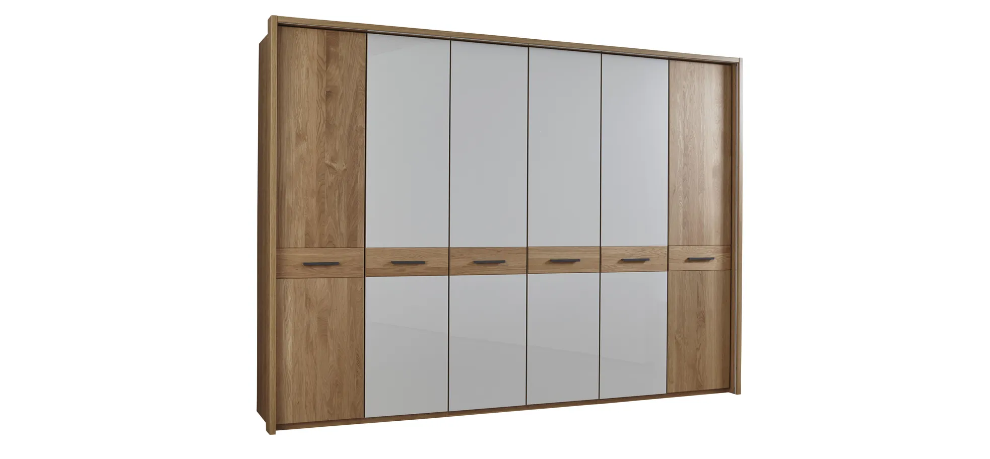 Drehtürenschrank Lenoso - B. ca. 306 cm, Eiche massiv, Glas, Champagner
