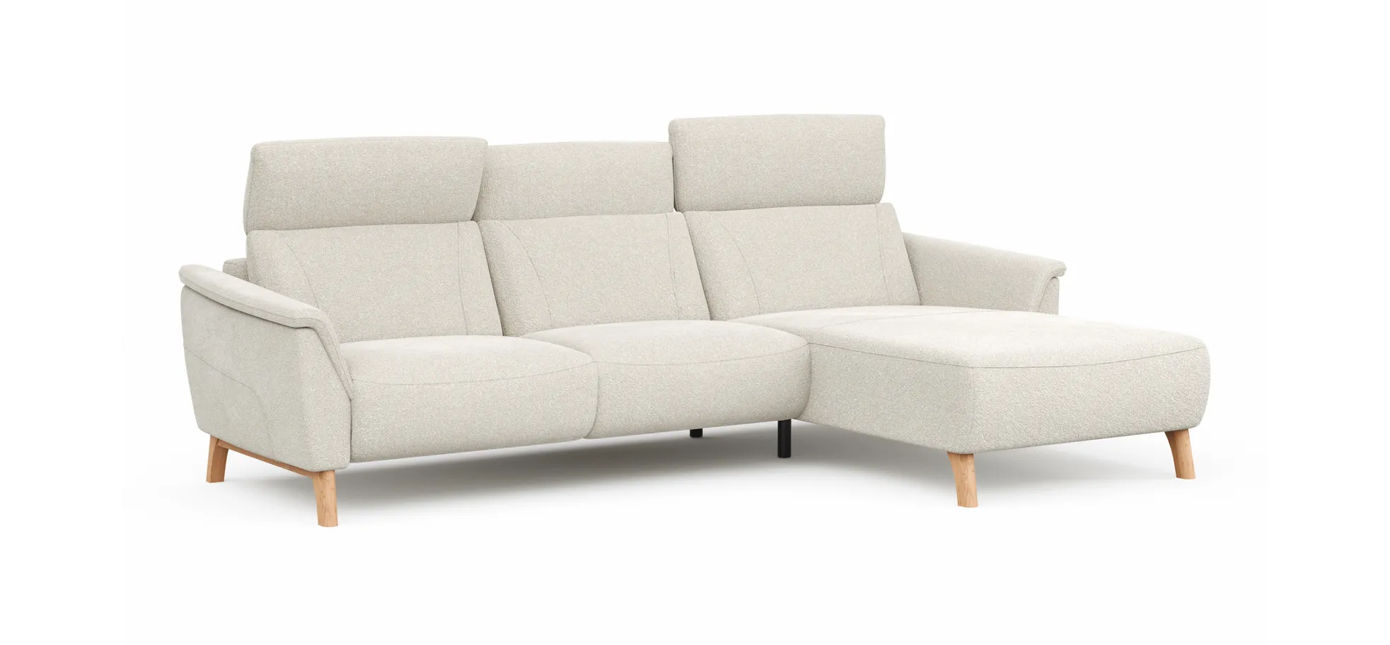Ecksofa Nevin - 2-Sitzer mit Longchair rechts, inkl. Kopfpolsterverstellung, Stoff, Weiß