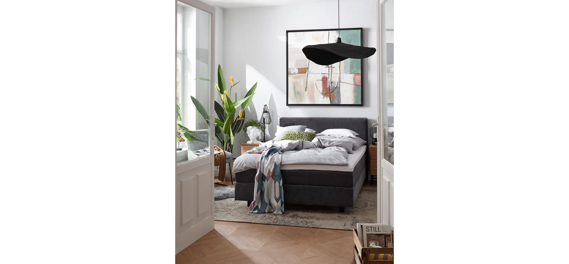Boxspringbett Valencia - Liegefläche ca. 140x200 cm, Stoff, Anthrazit